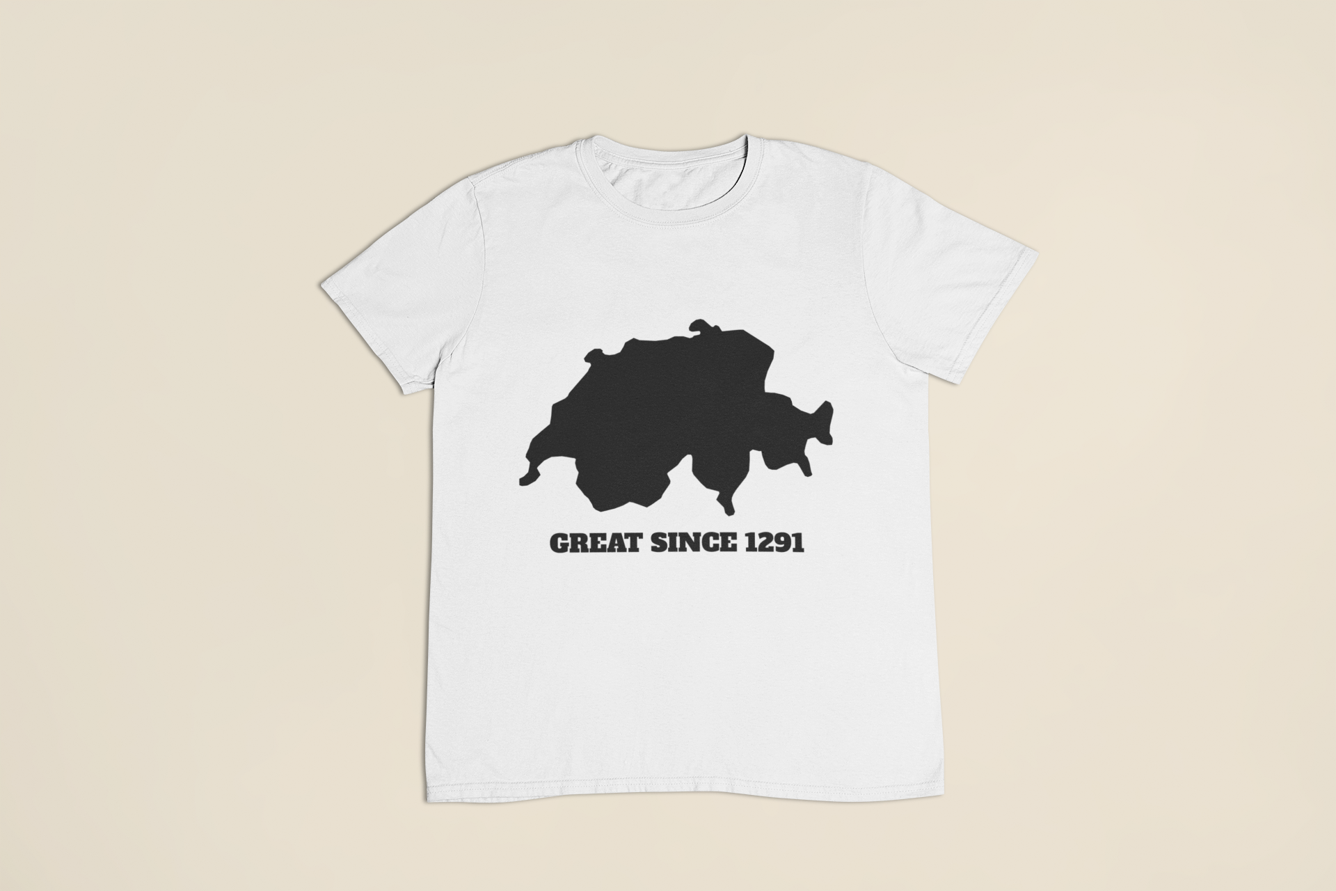 Motiv Schweizer Umriss mit Great Since 1291 auf weissem T-Shirt