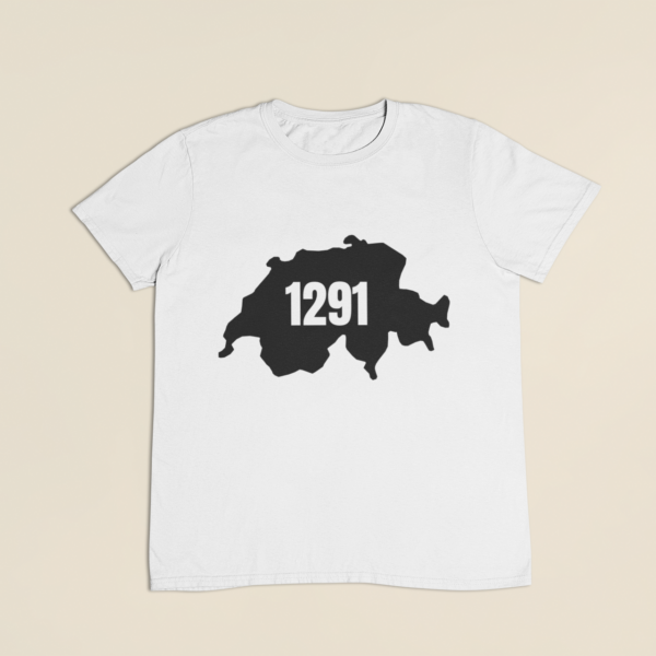 Motiv Schweizer Umriss mit ausgesparter Jahreszahl 1291 auf weissem T-Shirt