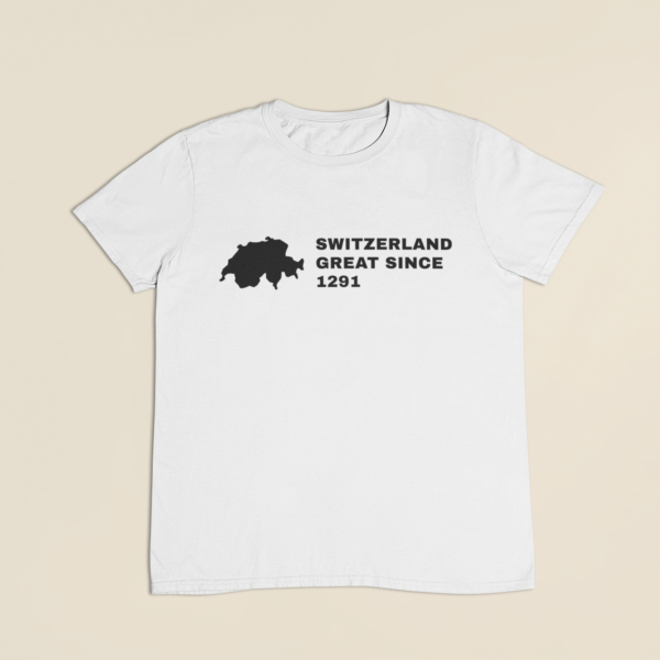 Motiv Schweizer Umriss neben Great Since 1291 auf weissem T-Shirt